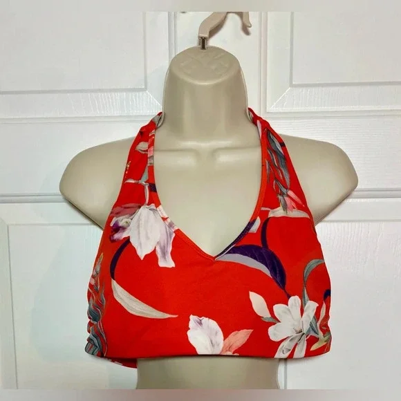 Athleta Orange Waimea Plunge Bikini Top Tie Neck Tropical Floral Print Large - Picture 3 of 6